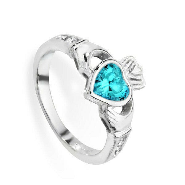 Sterling Silver Blue Topaz Ring Claddagh Stone 925 Hallmarked Size J - R