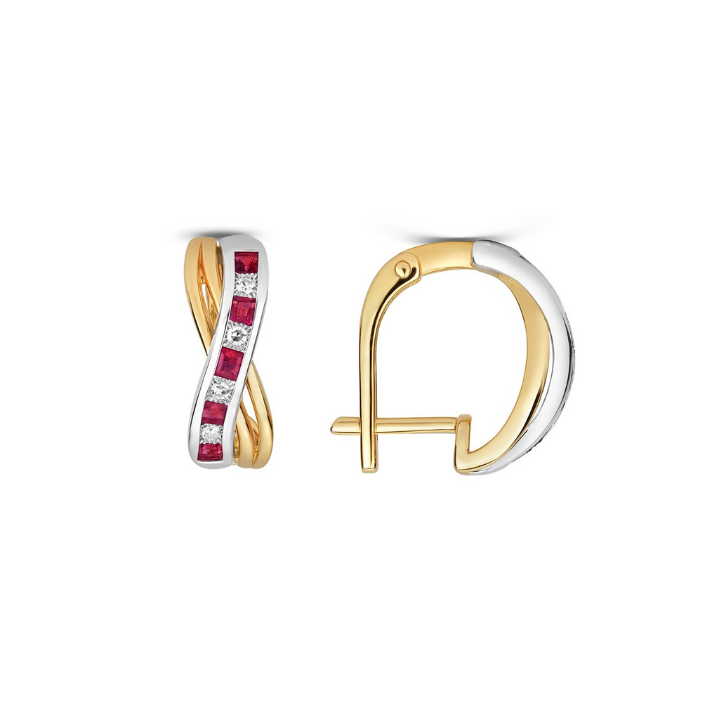 Natural Ruby Diamond Drop Hoop Earrings 9ct Multi Tone Gold 375 Hallmarked
