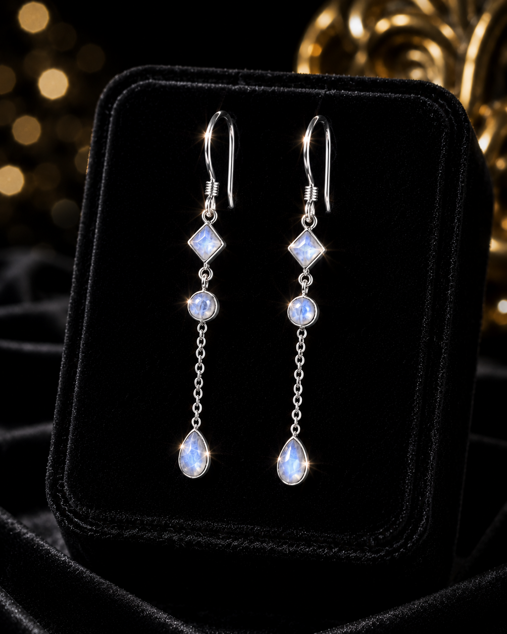 Natural Moonstone Chain Drop Earrings Sterling Silver 925 Hallmarked Brand New