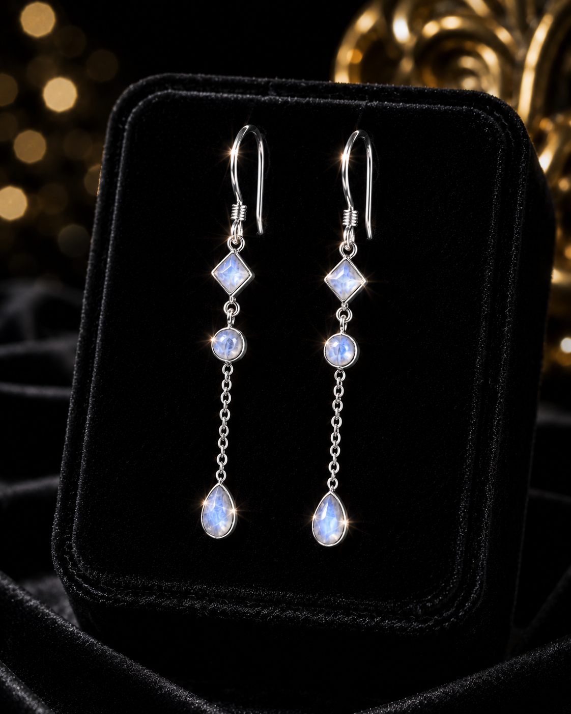 Natural Moonstone Chain Drop Earrings Sterling Silver 925 Hallmarked Brand New