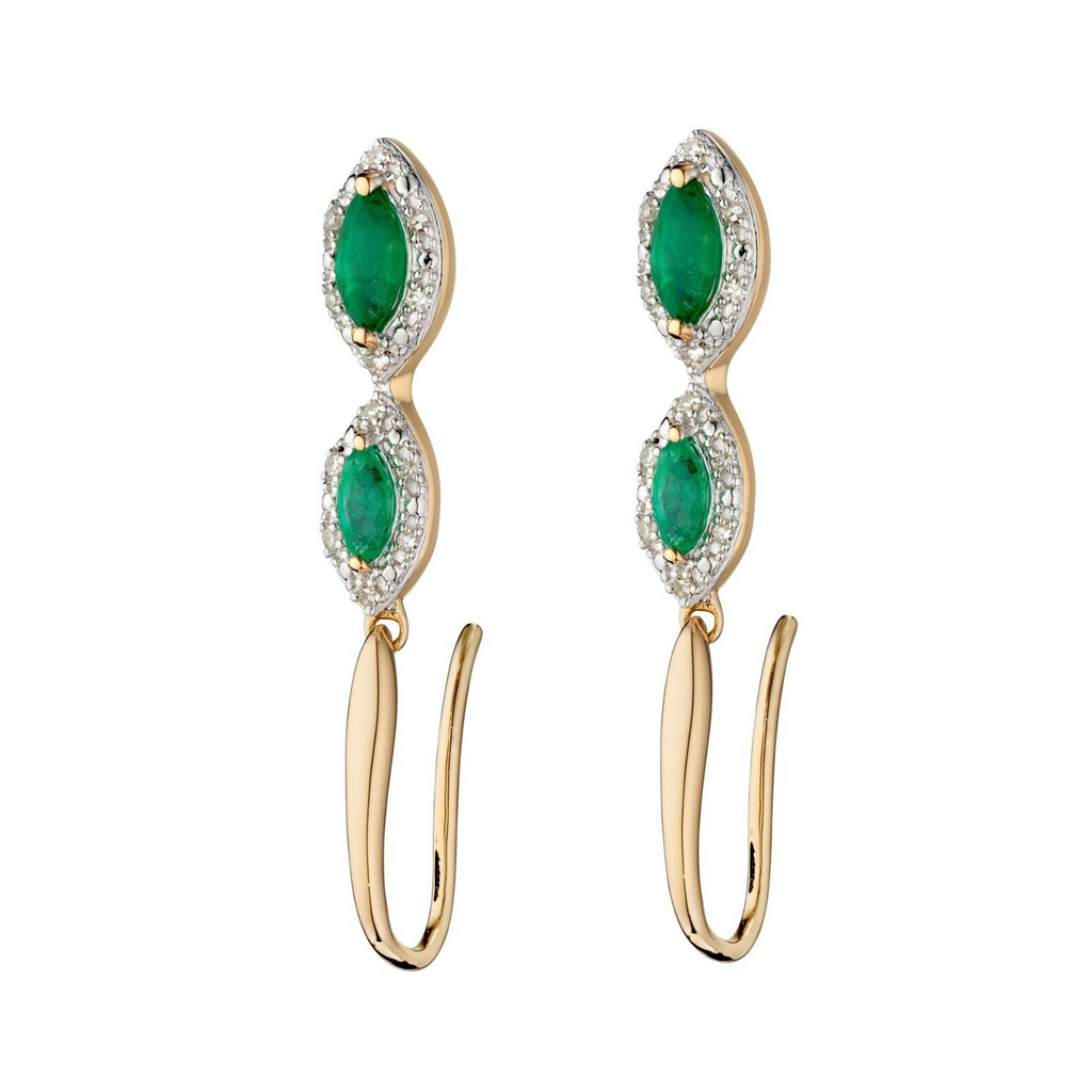 Emerald And Diamond Marquise Earrings 9ct Yellow Gold 375 Hallmark British Made