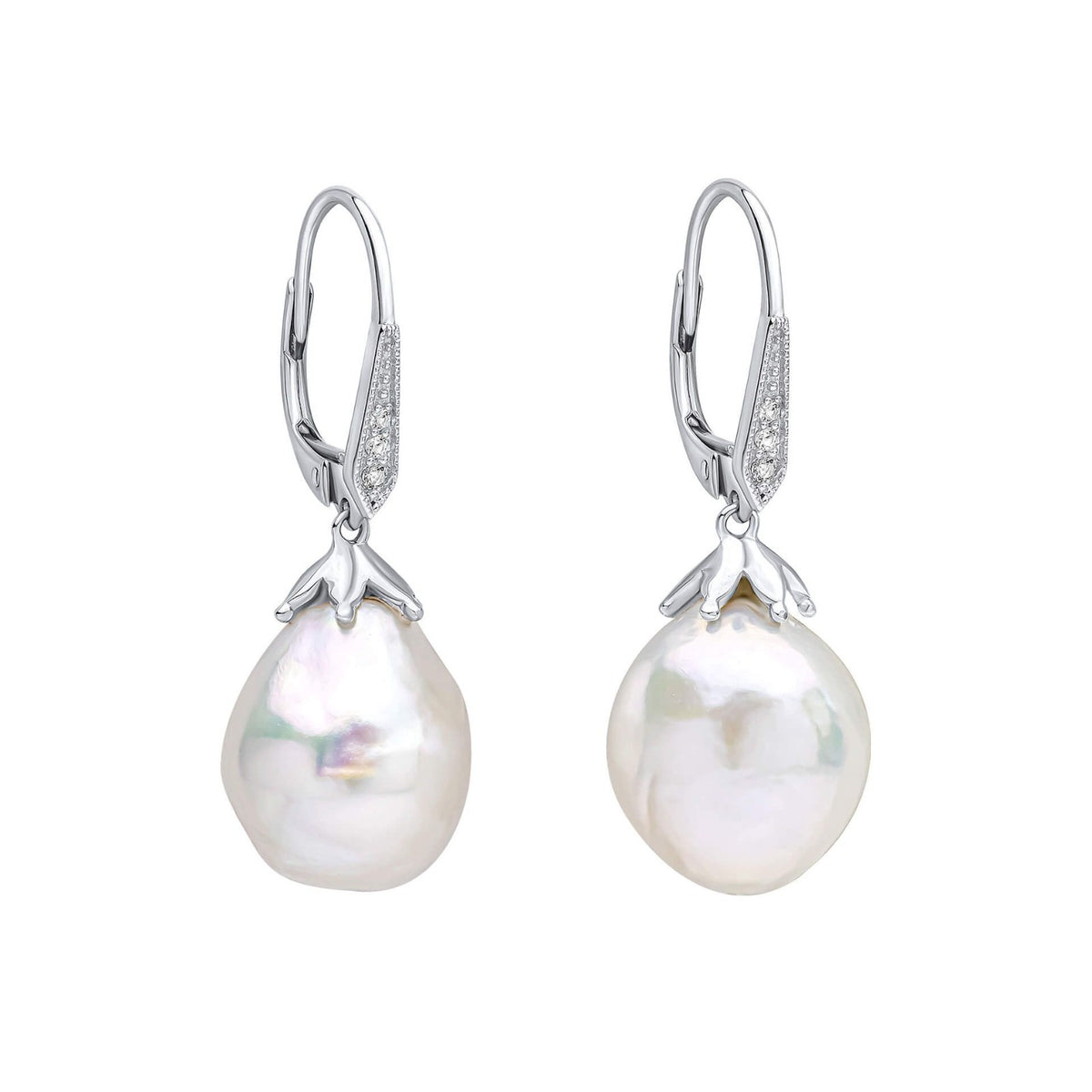 Natural Pearl & Topaz Hoop Earrings 9ct White Gold 375 Hallmarked British Made