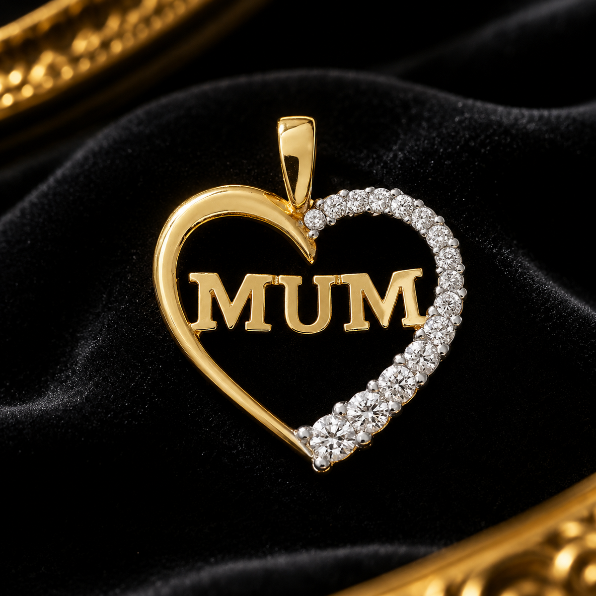 Half Pave Mum Heart 9ct Yellow Gold Pendant 375 Hallmarked All Chain Lengths