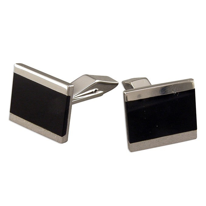 Sterling Silver Flush Onyx Cufflink Set Men's 925 Hallmarked British Made