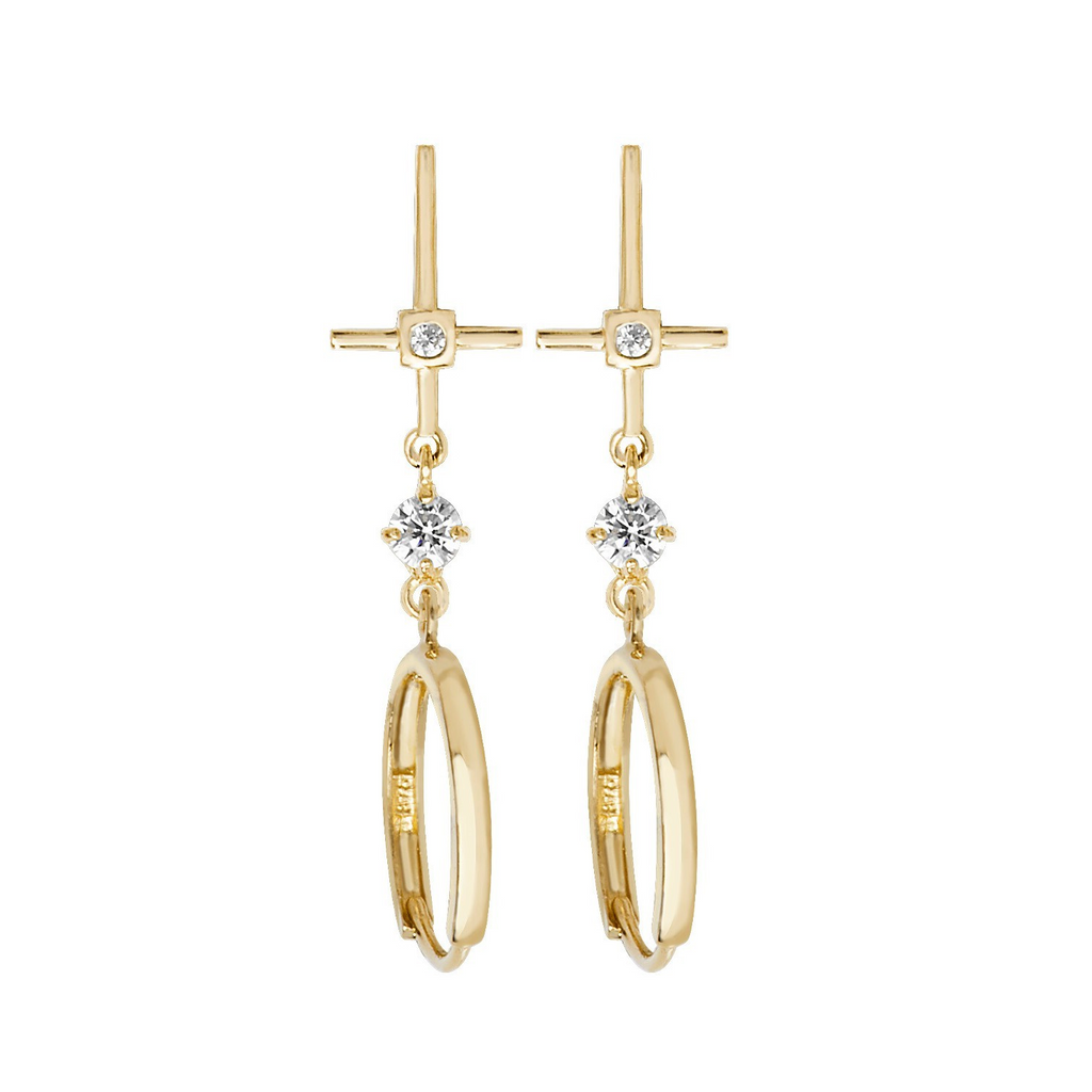 2 Stone Cross Drop Hoop Earrings 9ct Yellow Gold 375 Hallmarked Brand New Boxed