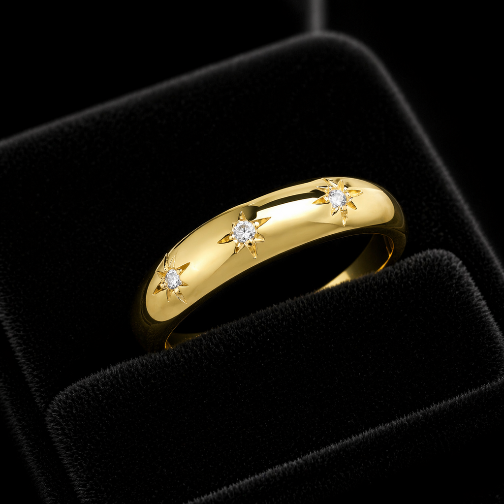 3 Star Dome Ring 9ct Yellow Gold Hallmarked Sizes J - Q British Made