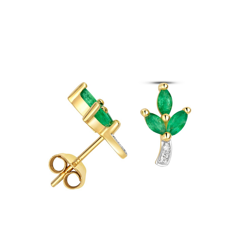 Emerald Floral Diamond Stud Earrings 9ct Yellow Gold 375 Hallmarked British Made