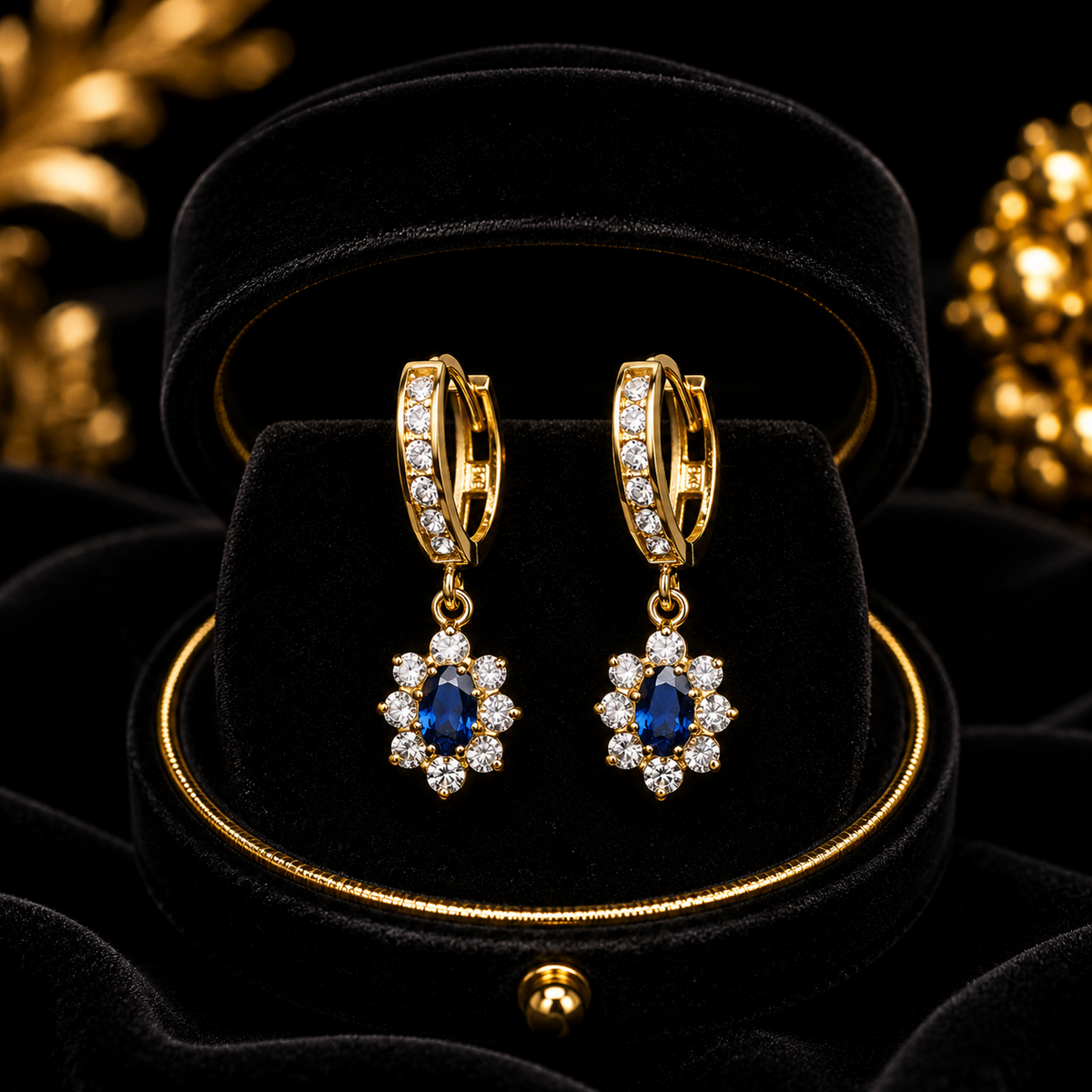 Yellow Gold Sapphire Earrings Drop Hoops Natural Stone 375 9 Carat New Boxed