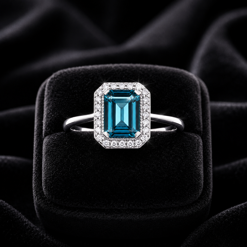 Halo Emerald Blue Topaz Diamond Ring 9ct White Gold 375 Hallmarked Sizes J - Q