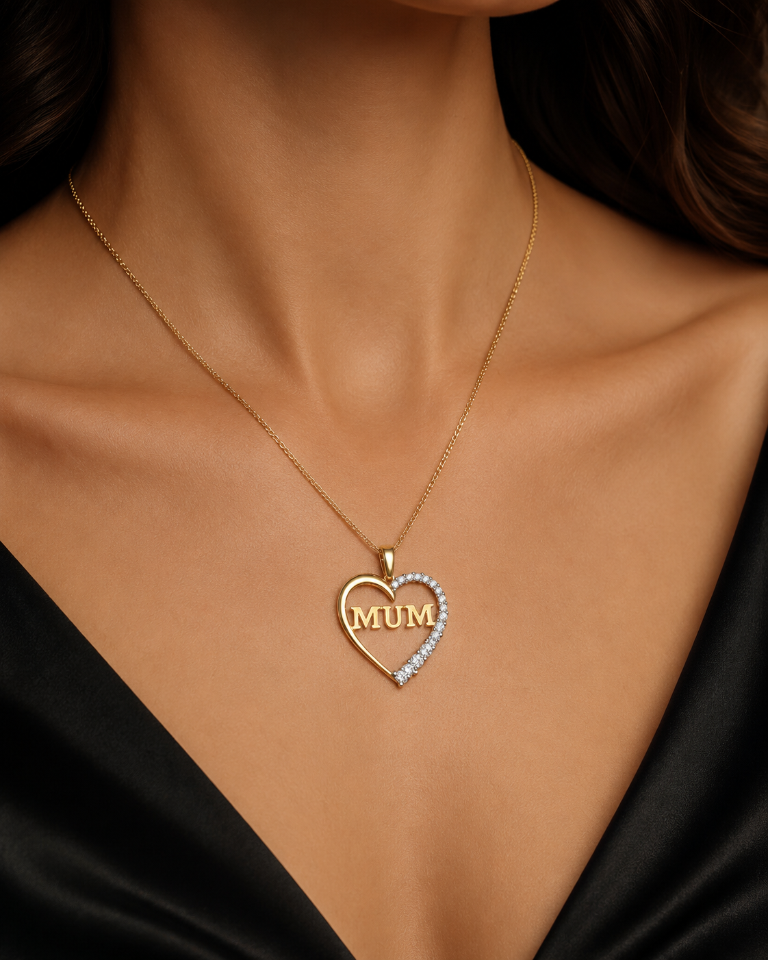 Half Pave Mum Heart 9ct Yellow Gold Pendant 375 Hallmarked All Chain Lengths