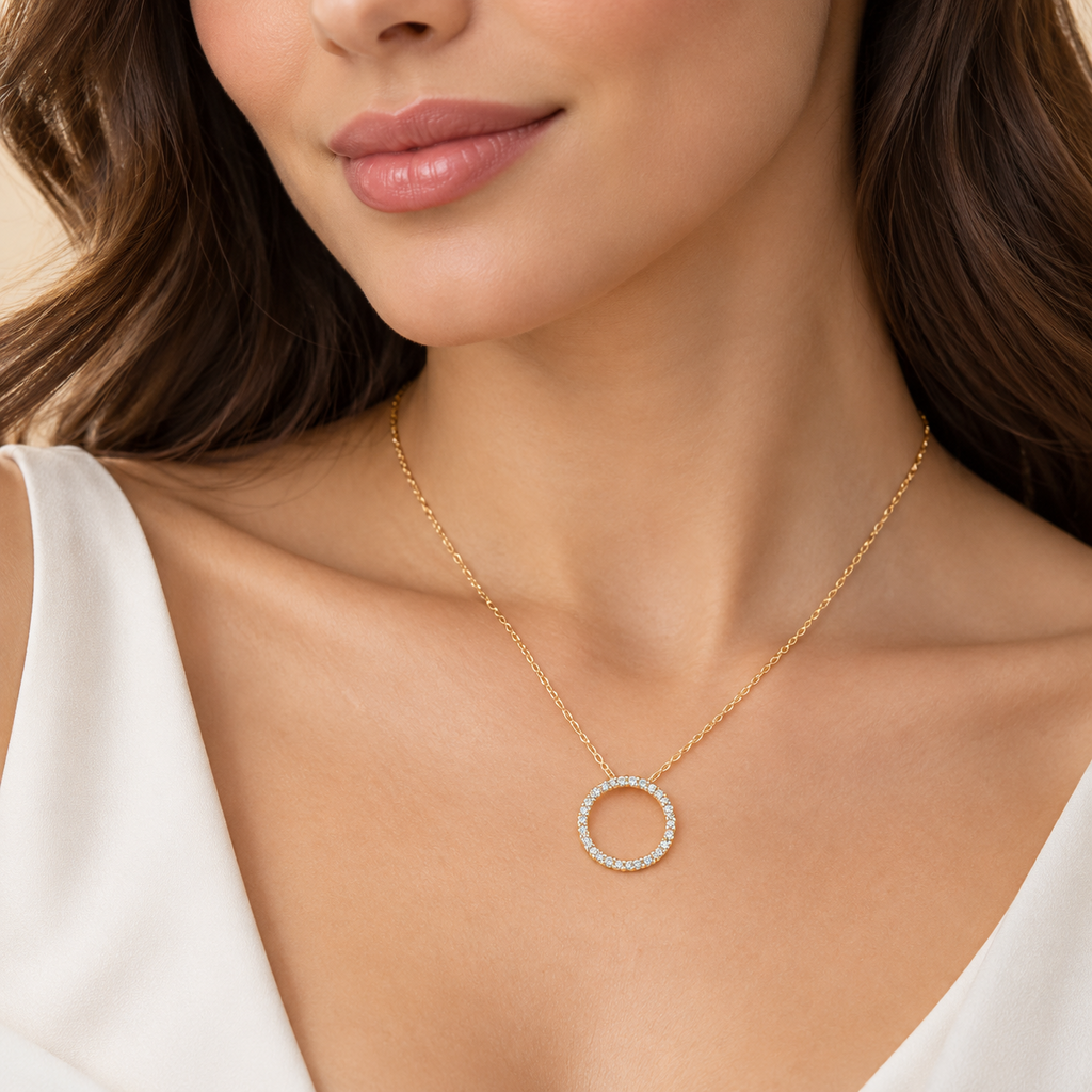 Ladies Pave Infinity Circle Necklace 9ct Yellow Gold 375 Hallmarked British Made