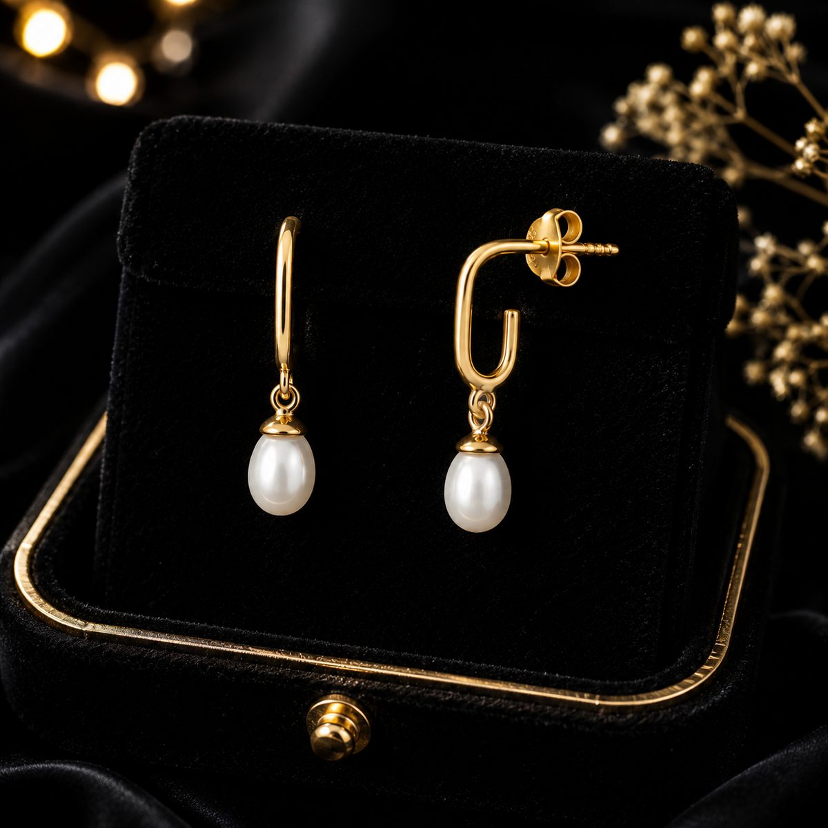 Loop Freshwater Pearl Drop Earrings 9ct Yellow Gold Plated Hallmarked Brand New