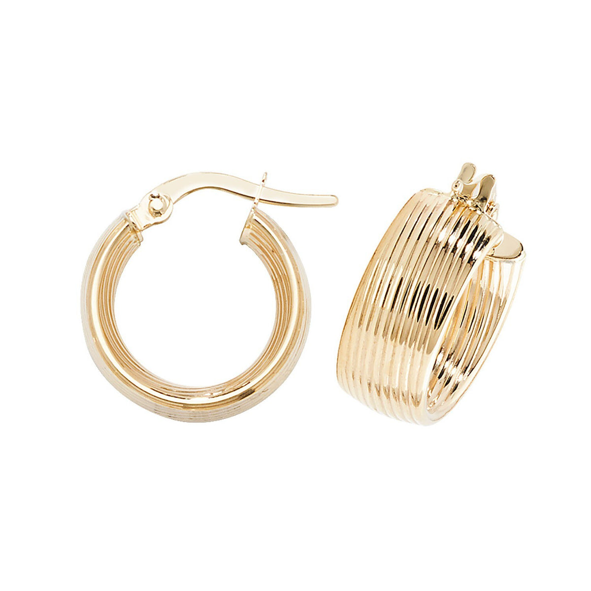 9ct Yellow Gold Ribbed Hoop Earrings 375 Hallmarked 10mm - 30mm Diameter