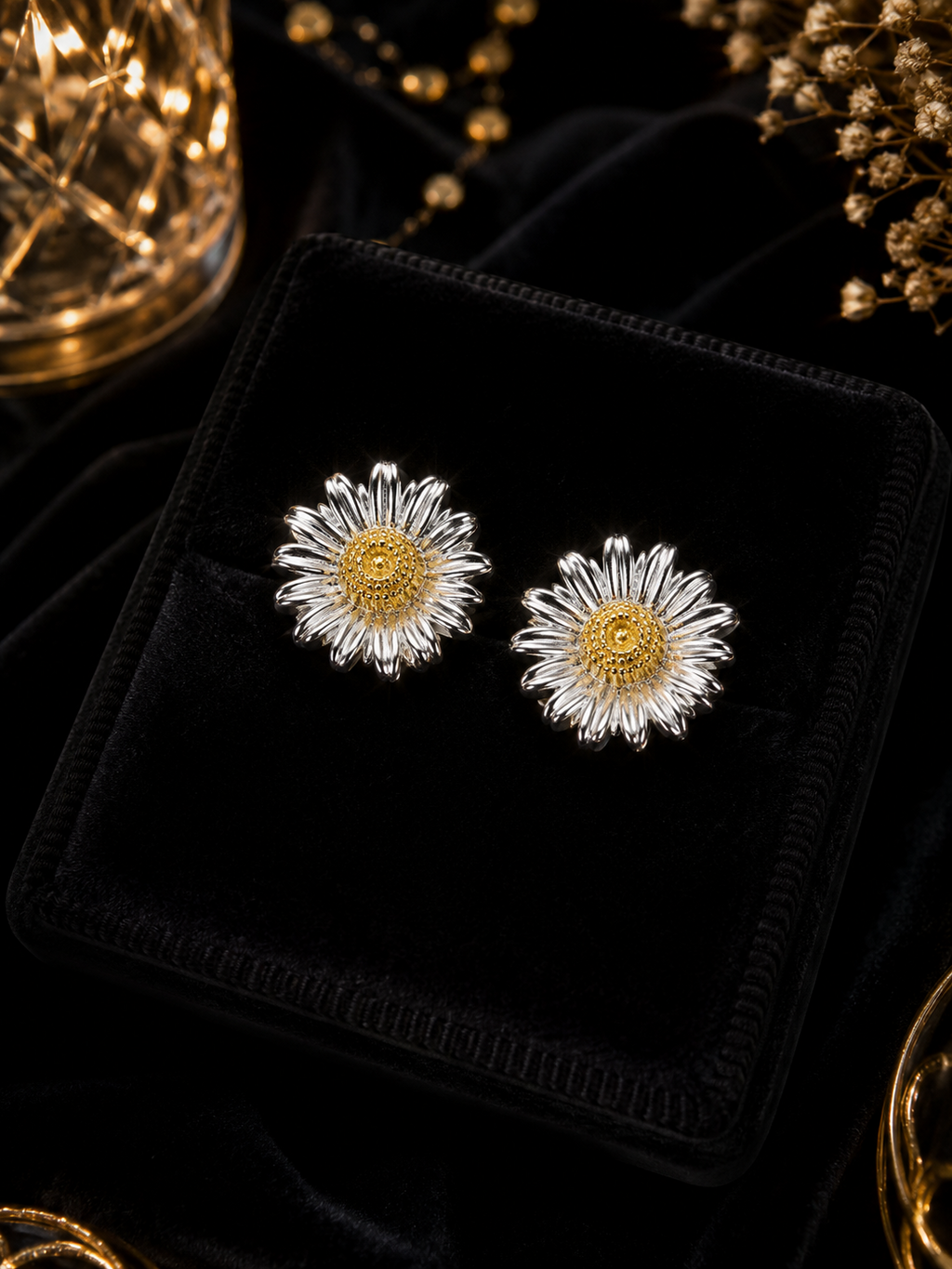 Sterling Silver Daisy Stud Earrings Yellow Gold Detail 925 Hallmarked
