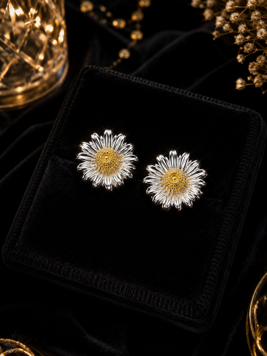 Sterling Silver Daisy Stud Earrings Yellow Gold Detail 925 Hallmarked