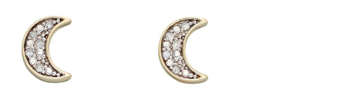 Diamond Moon Stud Earrings 9k Yellow Gold 375 Hallmarked British Made