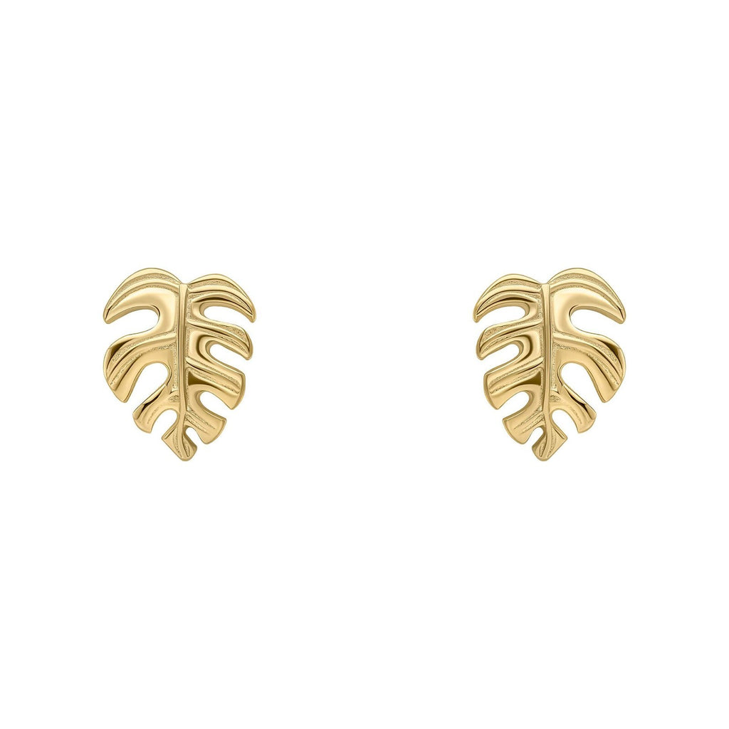 Monstera Leaf Stud Earrings Yellow Gold Plated Hallmarked British Made Brand New