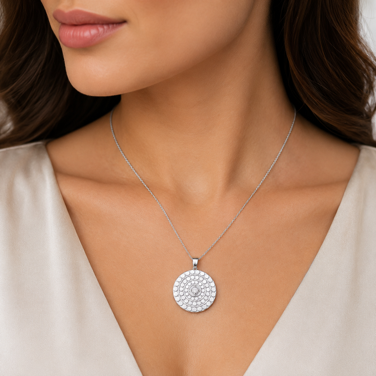 Textured Disc Zircon Pendant Sterling Silver 925 Hallmarked All Chain Lengths