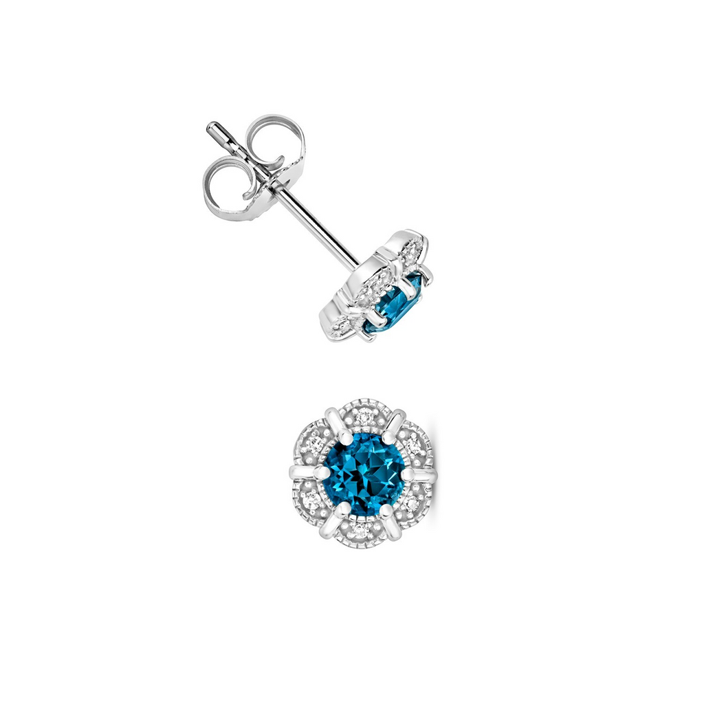 Natural Floral Blue Topaz Diamond Stud Earrings 9ct White Gold 375 Hallmarked