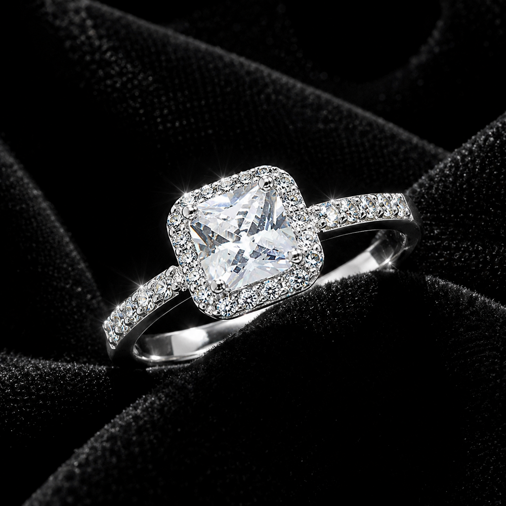 Sterling Silver Princess Halo Ring Engagement Gemstone 925 Hallmarked Size K - T