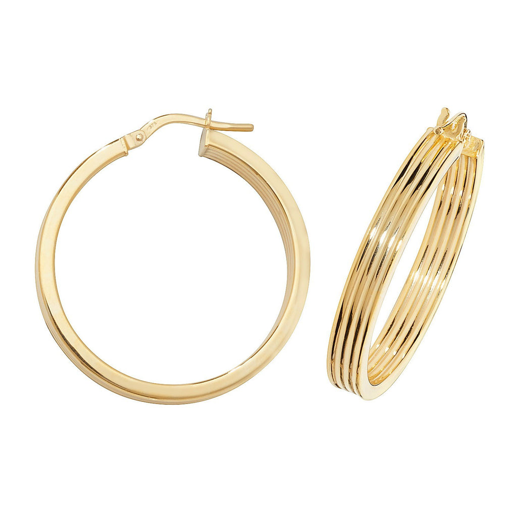 9ct Yellow Gold Grooved Hoop Earrings 375 Hallmarked 10mm - 50mm Diameter