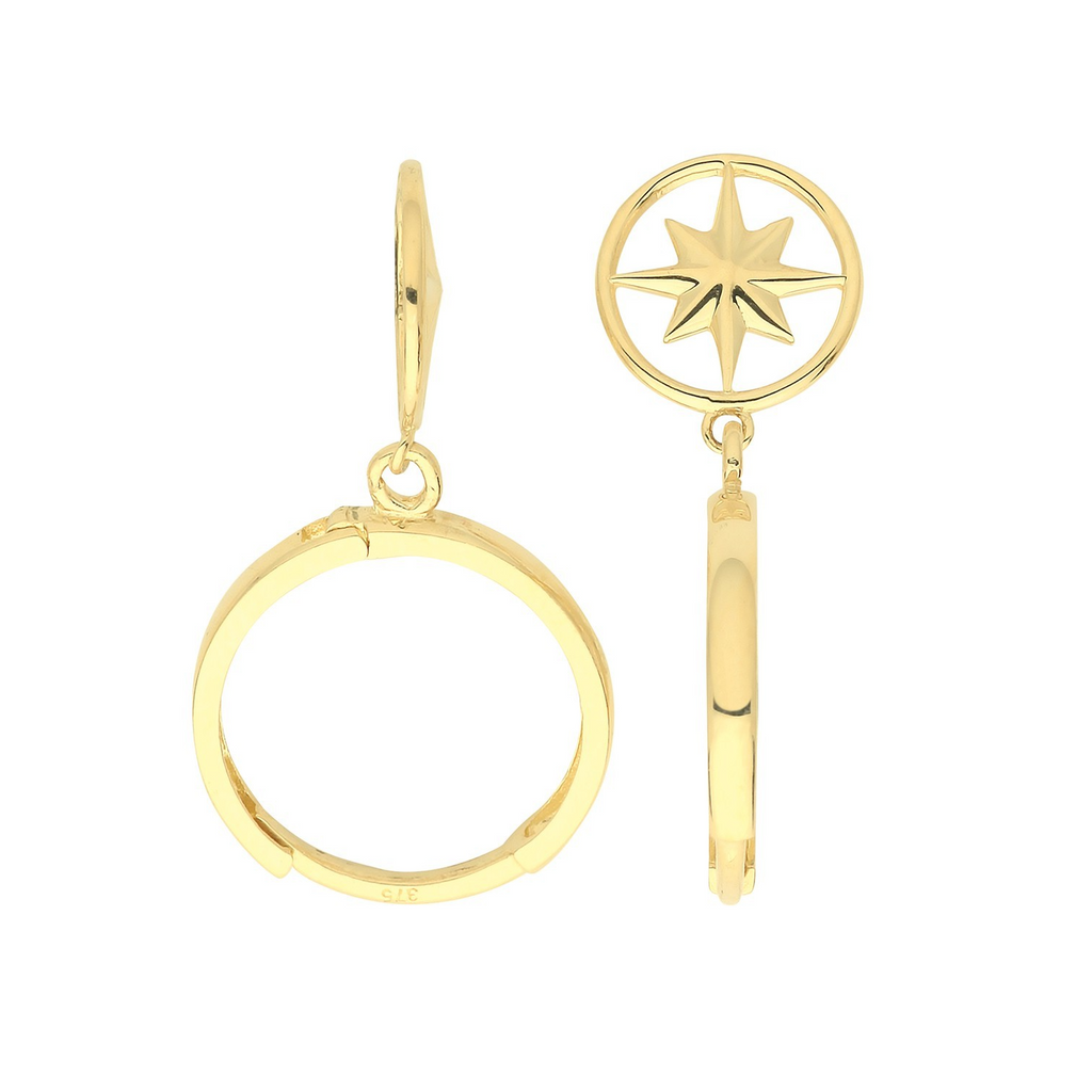 10mm Compass Drop Hoops Earrings 9ct Yellow Gold 375 Hallmarked Brand New