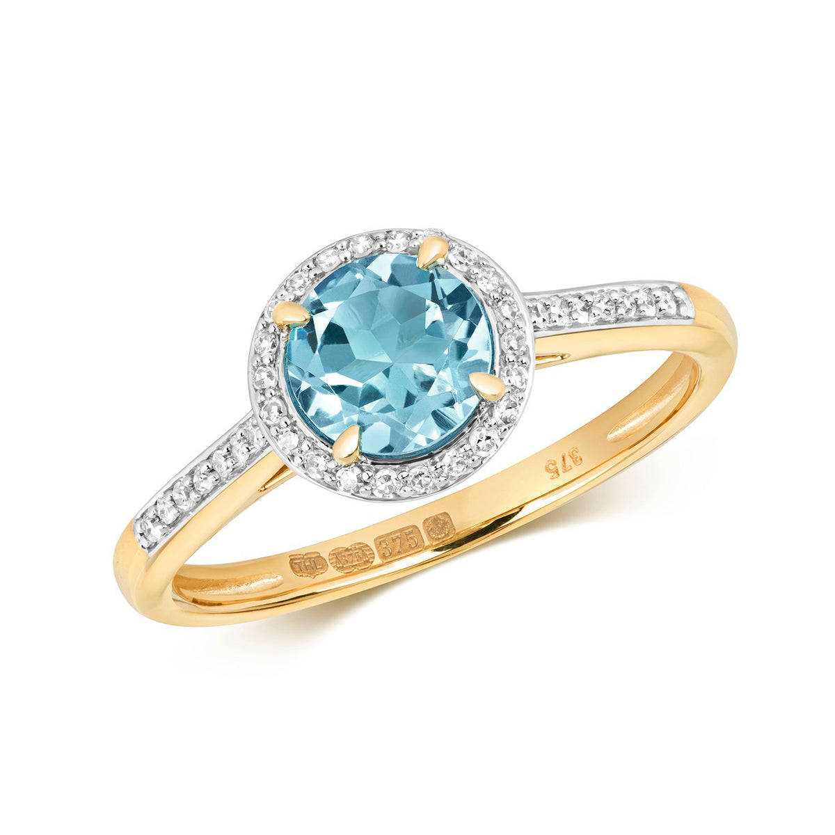 Round Halo Blue Topaz Diamond Ring 9ct 2 Tone Gold 375 Hallmarked Sizes J - Q