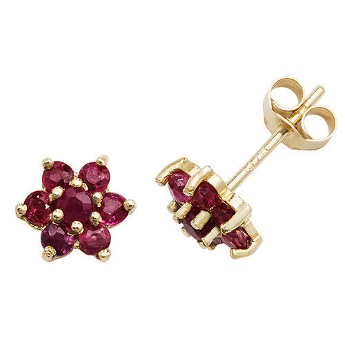Ruby Cluster Stud Earrings Yellow Gold Natural Stone 375 Hallmark New Boxed