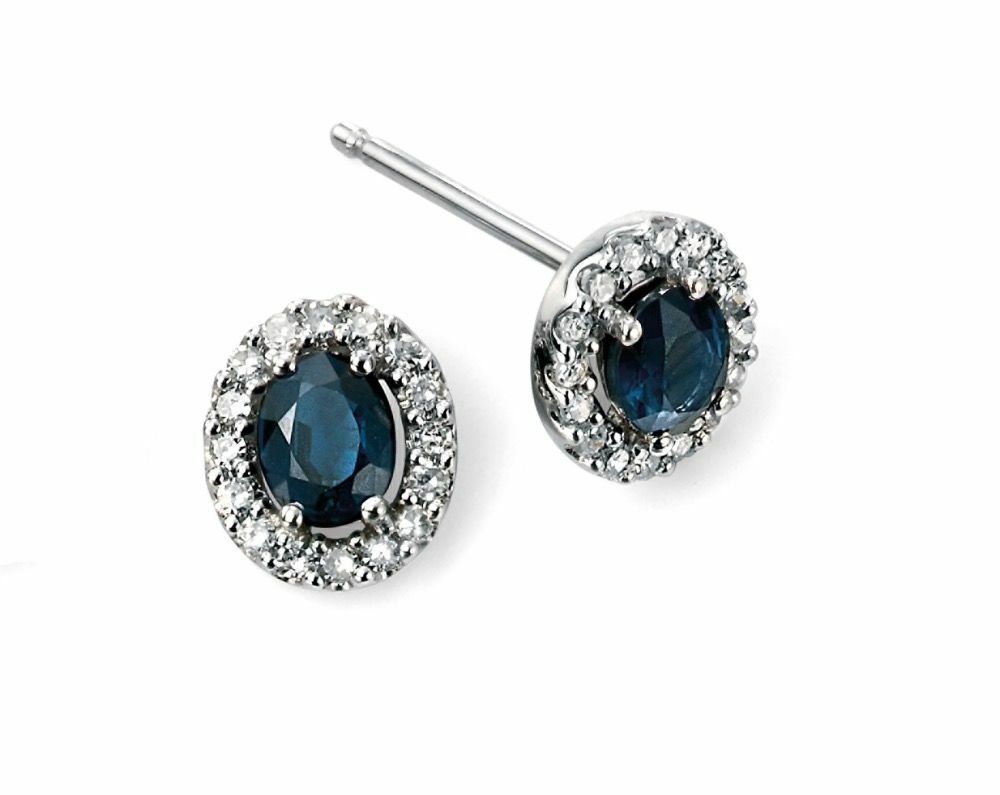 Blue Sapphire Earrings with Diamond Cluster Surround in 9ct White Gold