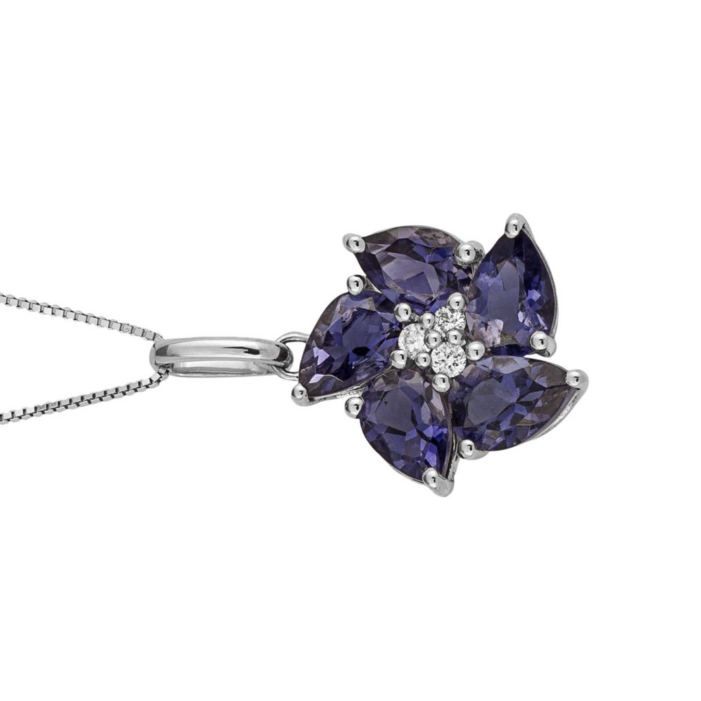 Iolite And Diamond Flower Pendant 9ct White Gold 375 Hallmarked British Made
