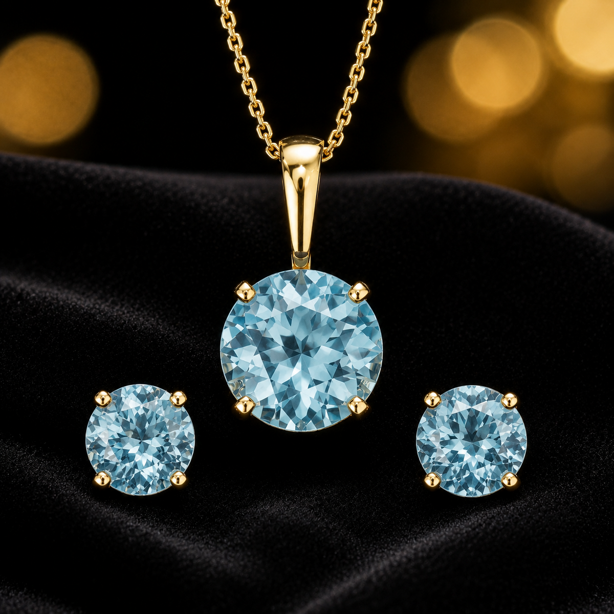 Aquamarine Pendant and Earrings Set Yellow Gold Solitaire 18" Chain Hallmark