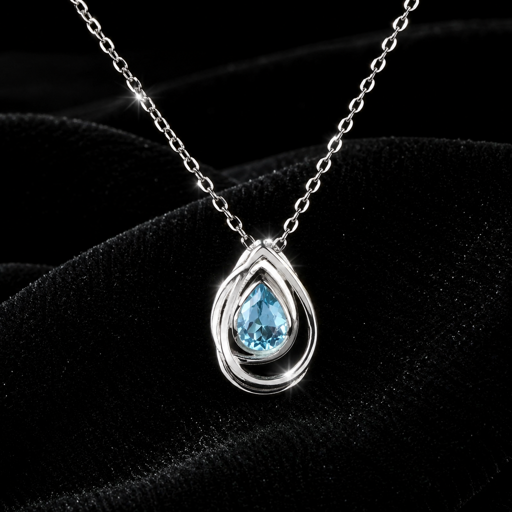 Teardrop Blue Topaz Necklace Solid Sterling Silver 925 Hallmarked British Made