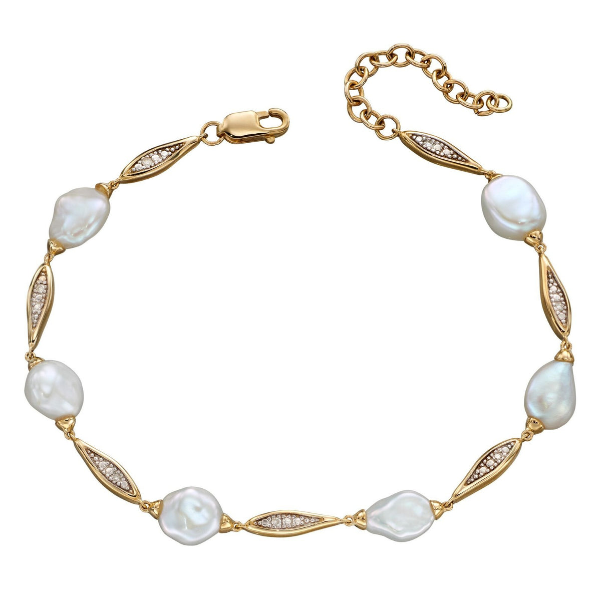 Keshi Pearl And Diamond Bracelet In 9ct Yellow Gold 375 Hallmarked British Made