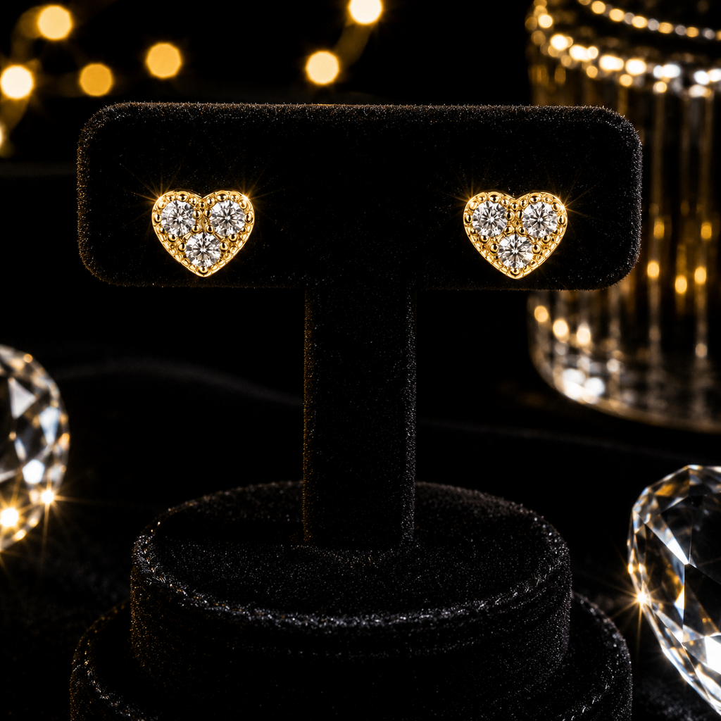 Zircon Heart Stud Earrings 9ct Yellow Gold Plated Hallmarked Brand New Boxed