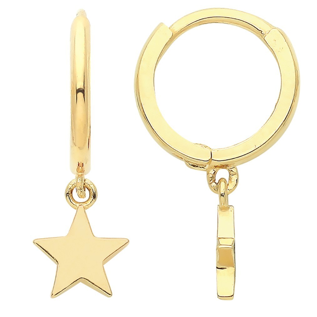 8mm Star Hoop Drop Earrings 9ct Yellow Gold 375 Hallmarked Brand New