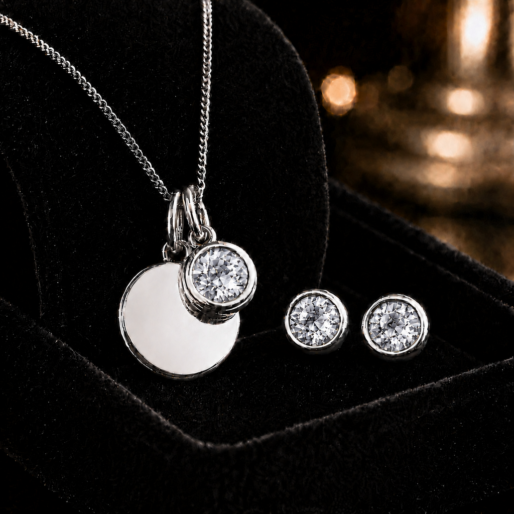 Engravable Solitaire Gemstone Pendant and Earrings Set Solid Sterling Silver