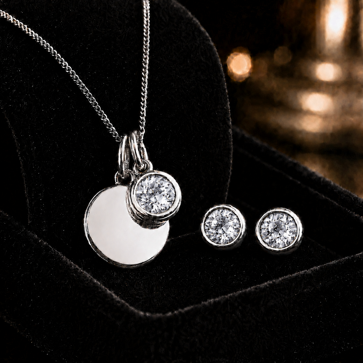 Engravable Solitaire Gemstone Pendant and Earrings Set Solid Sterling Silver