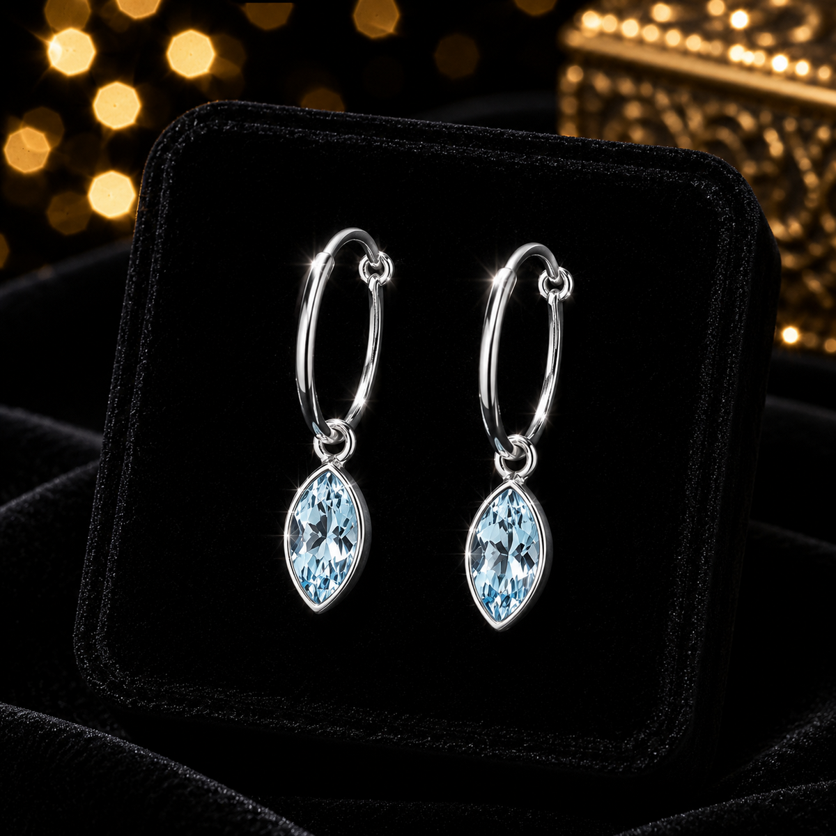 Marquise Blue Topaz Drop Hoop Earrings Sterling Silver 925 Hallmarked Brand New