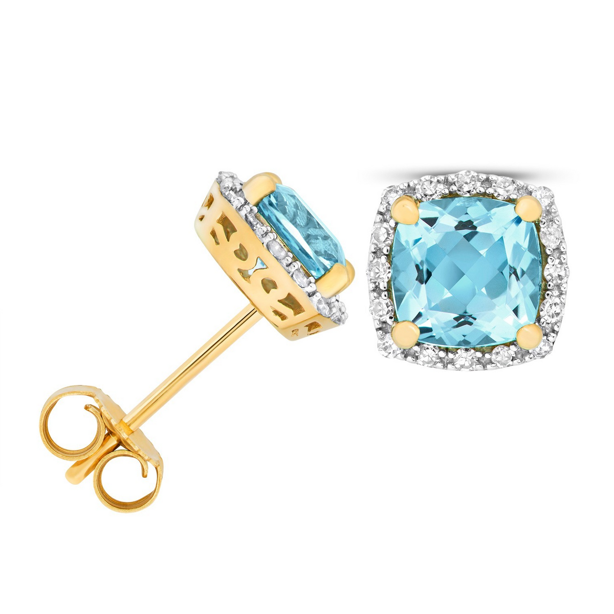 Halo Cushion Blue Topaz Diamond Earrings 9ct Multi Tone Gold 375 Hallmarked