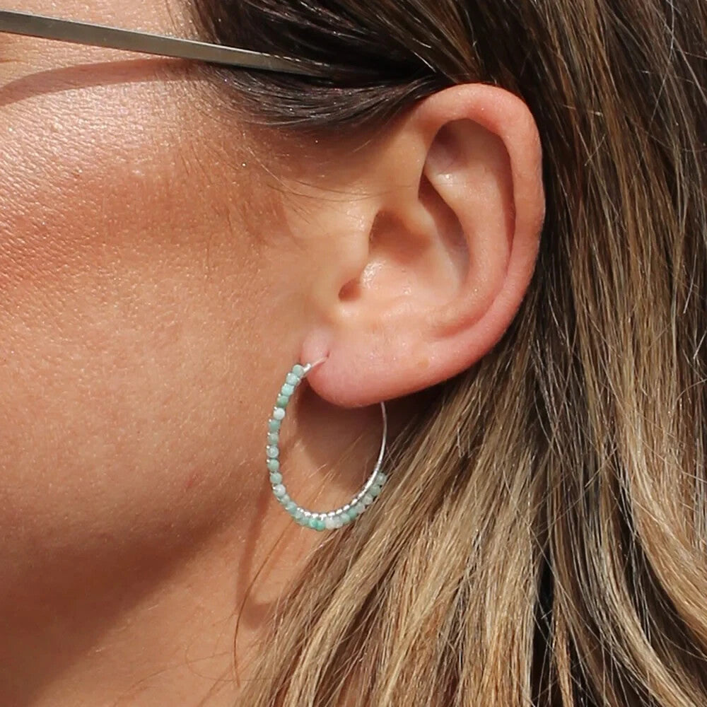 Amazonite Beaded Hoop Earrings Sterling Silver 925 Hallmarked Brand New Boxed