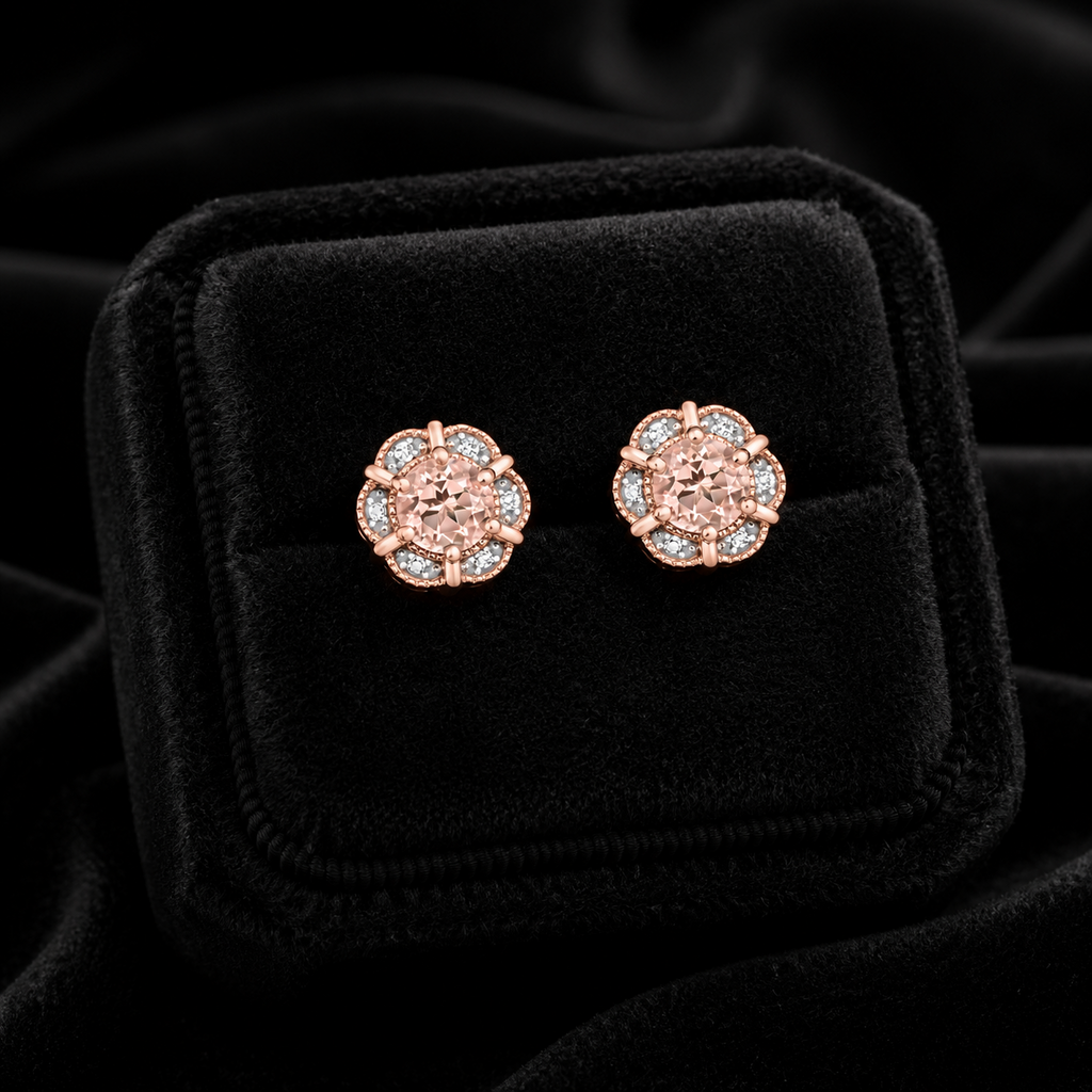 Natural Floral Morganite Diamond Stud Earrings 9ct Rose Gold 375 Hallmarked