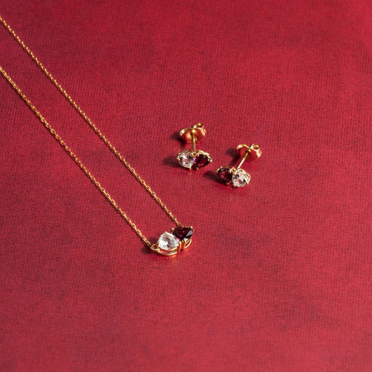 Garnet Heart Pendant & Earrings Set 9ct Yellow Gold 375 Hallmarked British Made