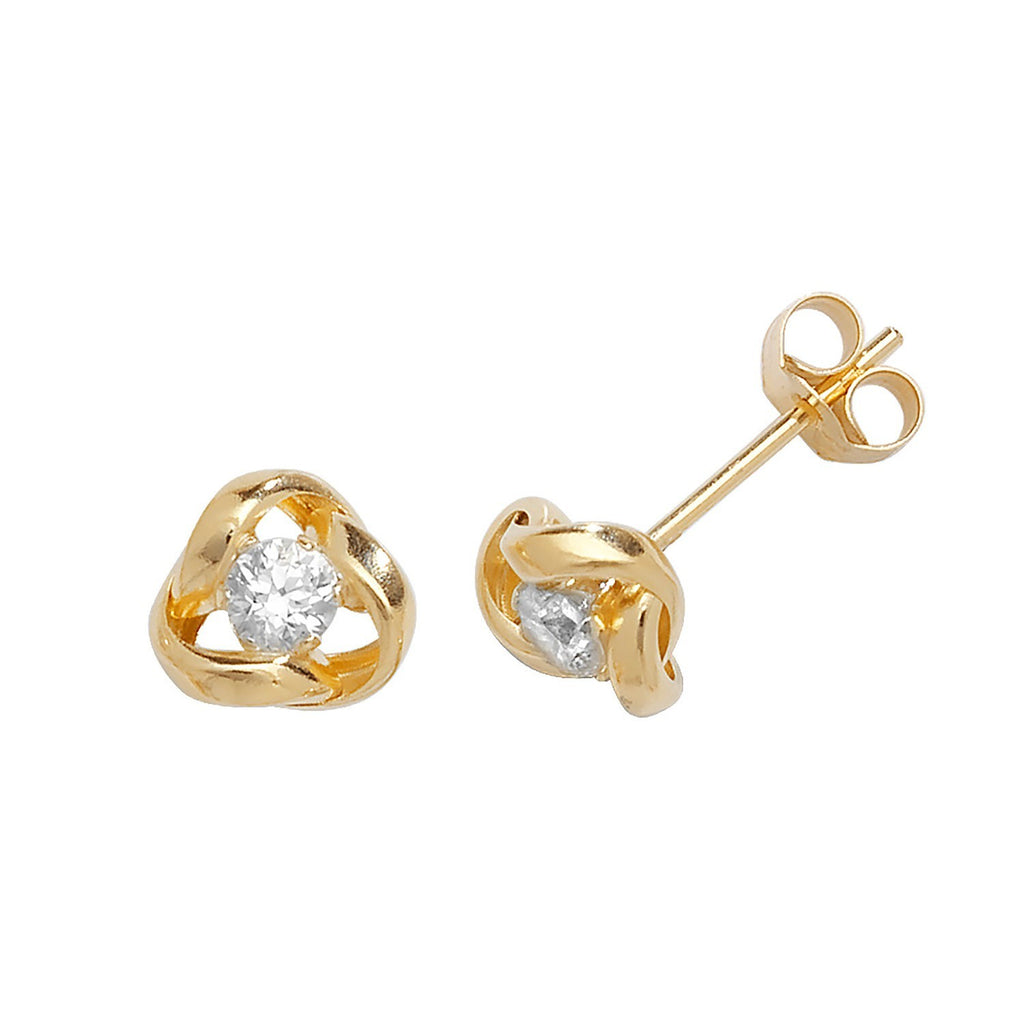 Soltaire Knot Stud Earrings 9ct Yellow Gold 375 Hallmarked Brand New Boxed