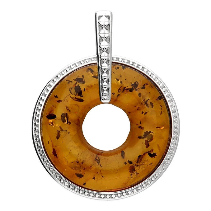 Doughnut Natural Amber Pendant Sterling Silver 925 Hallmarked All Chain Lengths