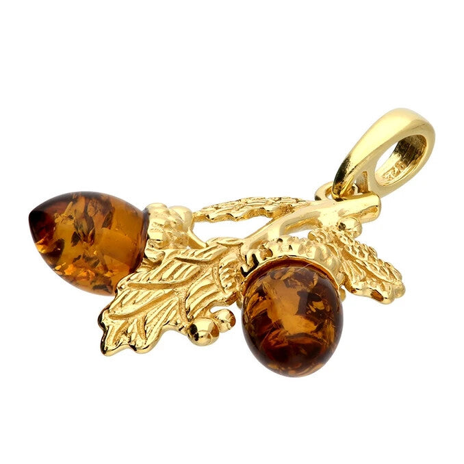 Acorn Natural Amber Pendant Yellow Gold Plated Hallmarked All Chain Lengths
