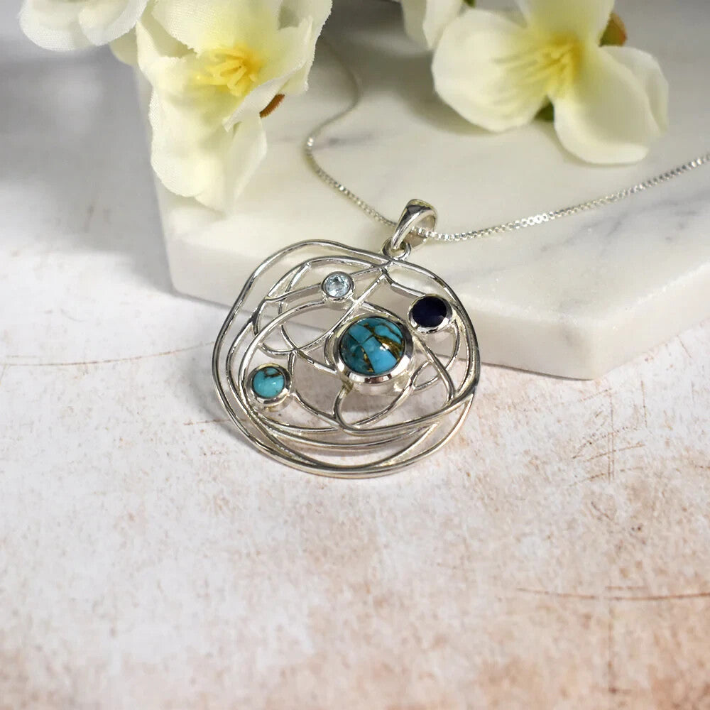 Mixed Natural Stone Wire Pendant Sterling Silver 925 Hallmark All Chain Lengths