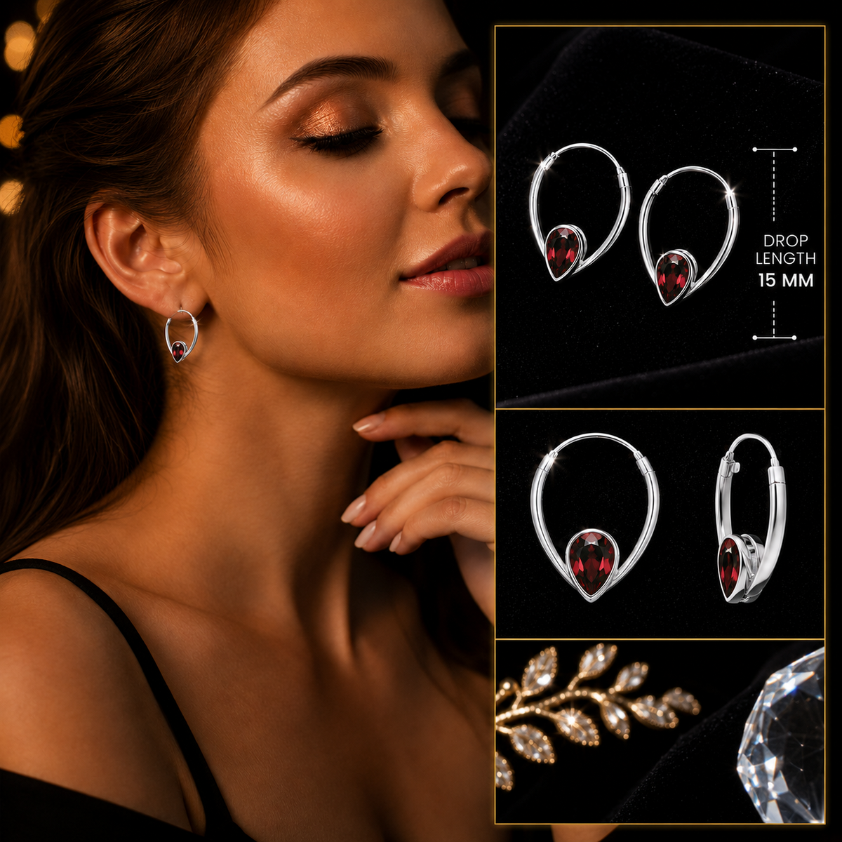 Teardrop Garnet Hoop Earrings Sterling Silver 925 Hallmarked Brand New Boxed