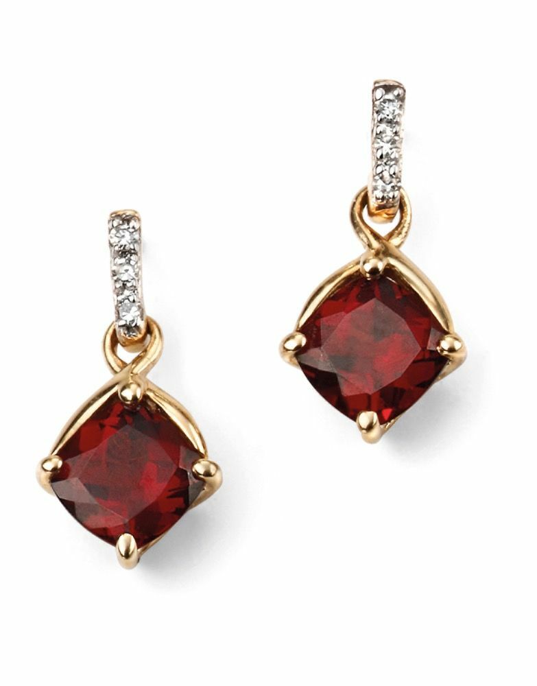Garnet And Diamond Drop Earrings 9ct Yellow Gold 375 Hallmarked British Made