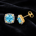 Halo Cushion Blue Topaz Diamond Earrings 9ct Multi Tone Gold 375 Hallmarked