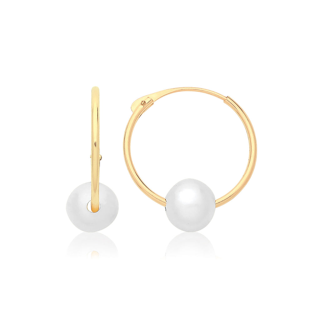 Hinged Pearl Sleeper Hoop Earrings 9ct Yellow Gold 375 Hallmarked Brand New